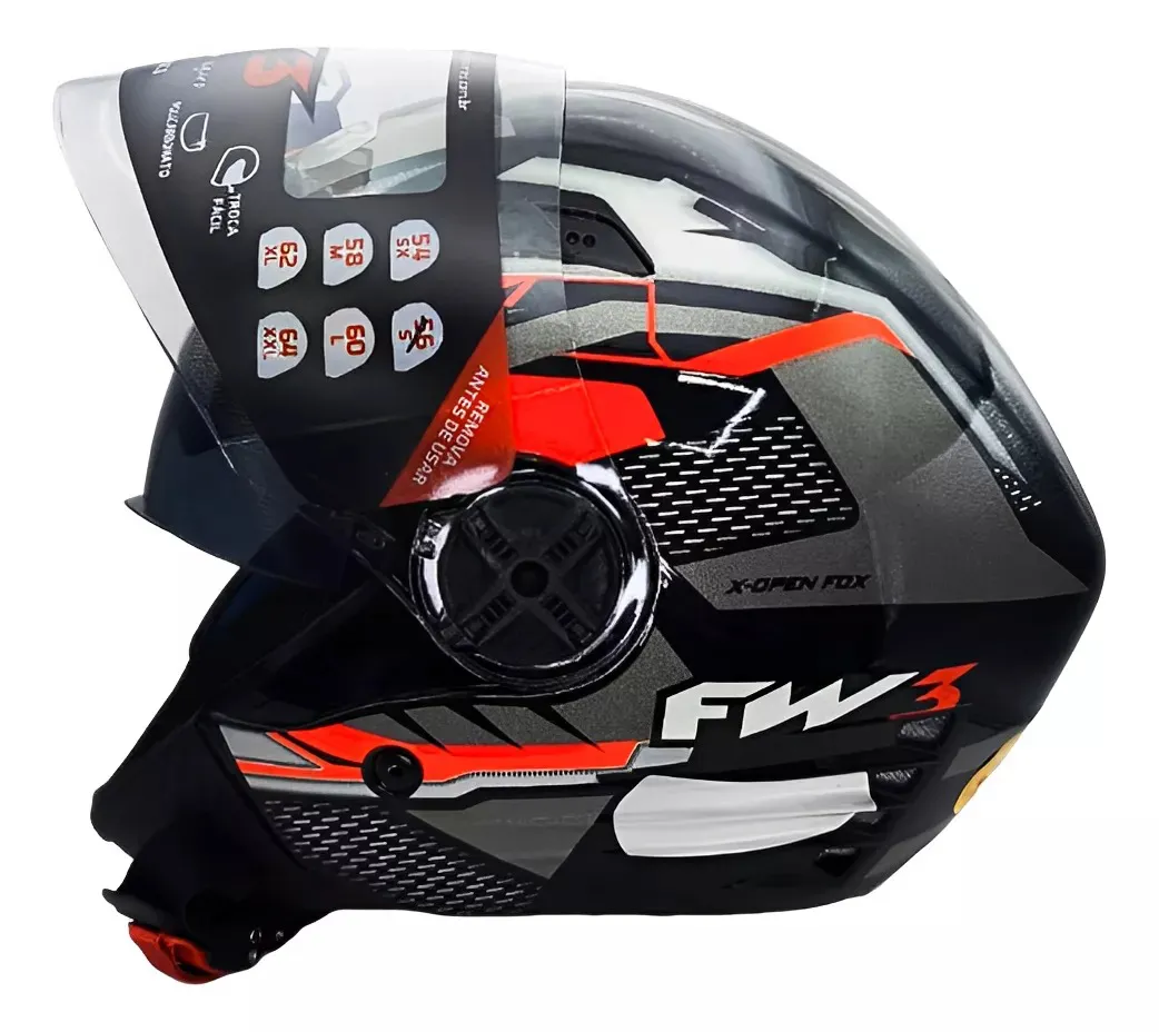 Capacete FW3 X-Open FOX Grafite & Vermelho - Imagem 2